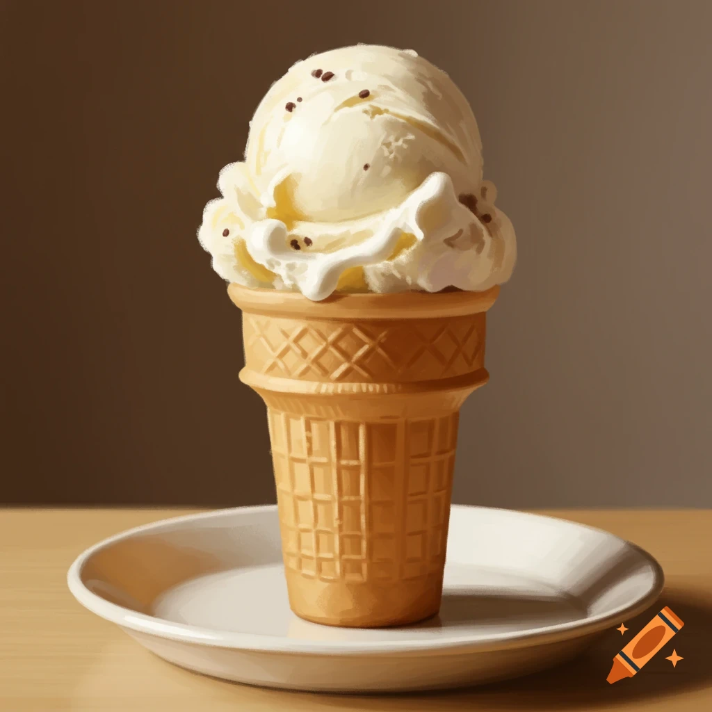 A digital painting of a scoop of vanilla ice cream with sprinkles in a waffle cone on a white plate.