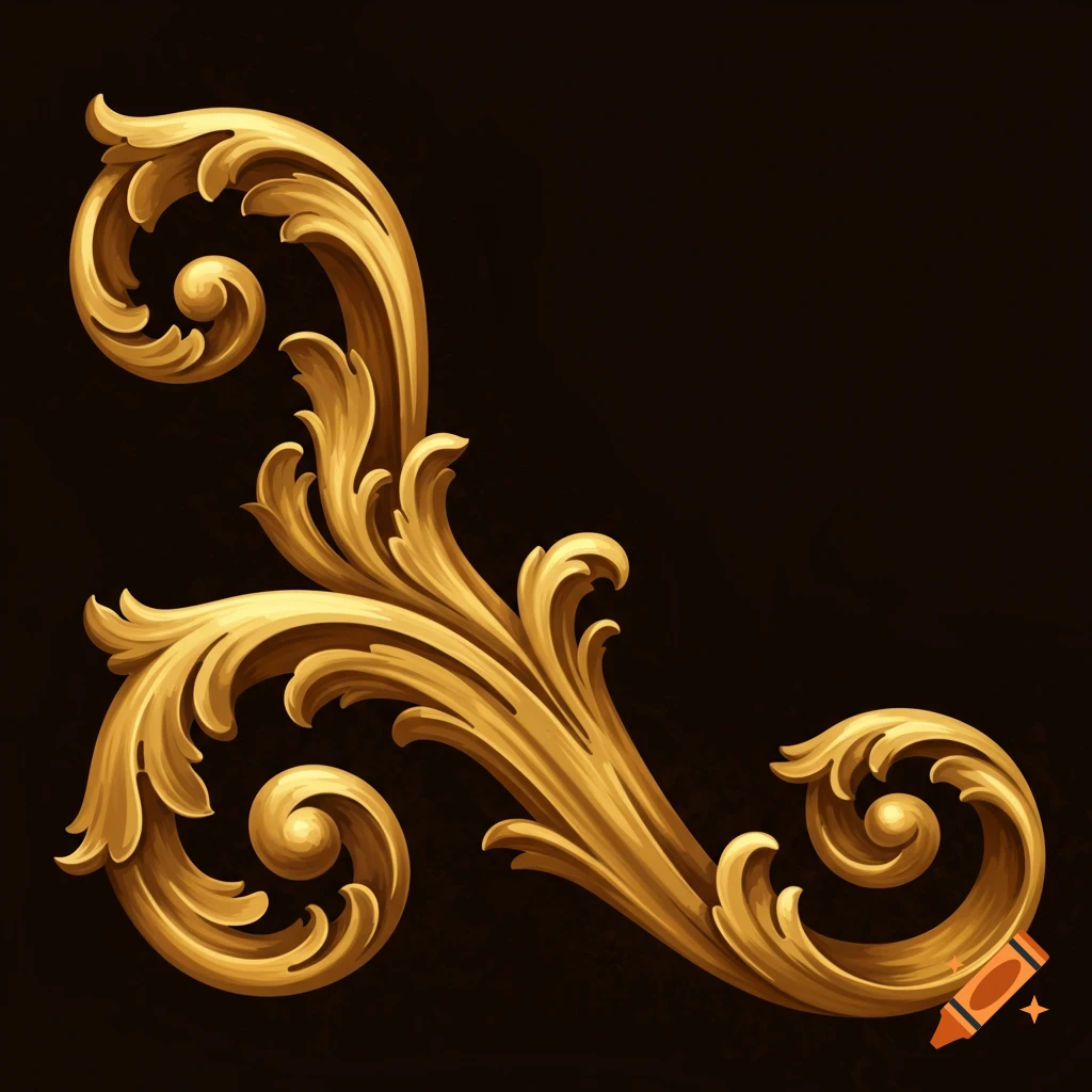 Ornate golden scrollwork on a dark background, in a classic baroque style.