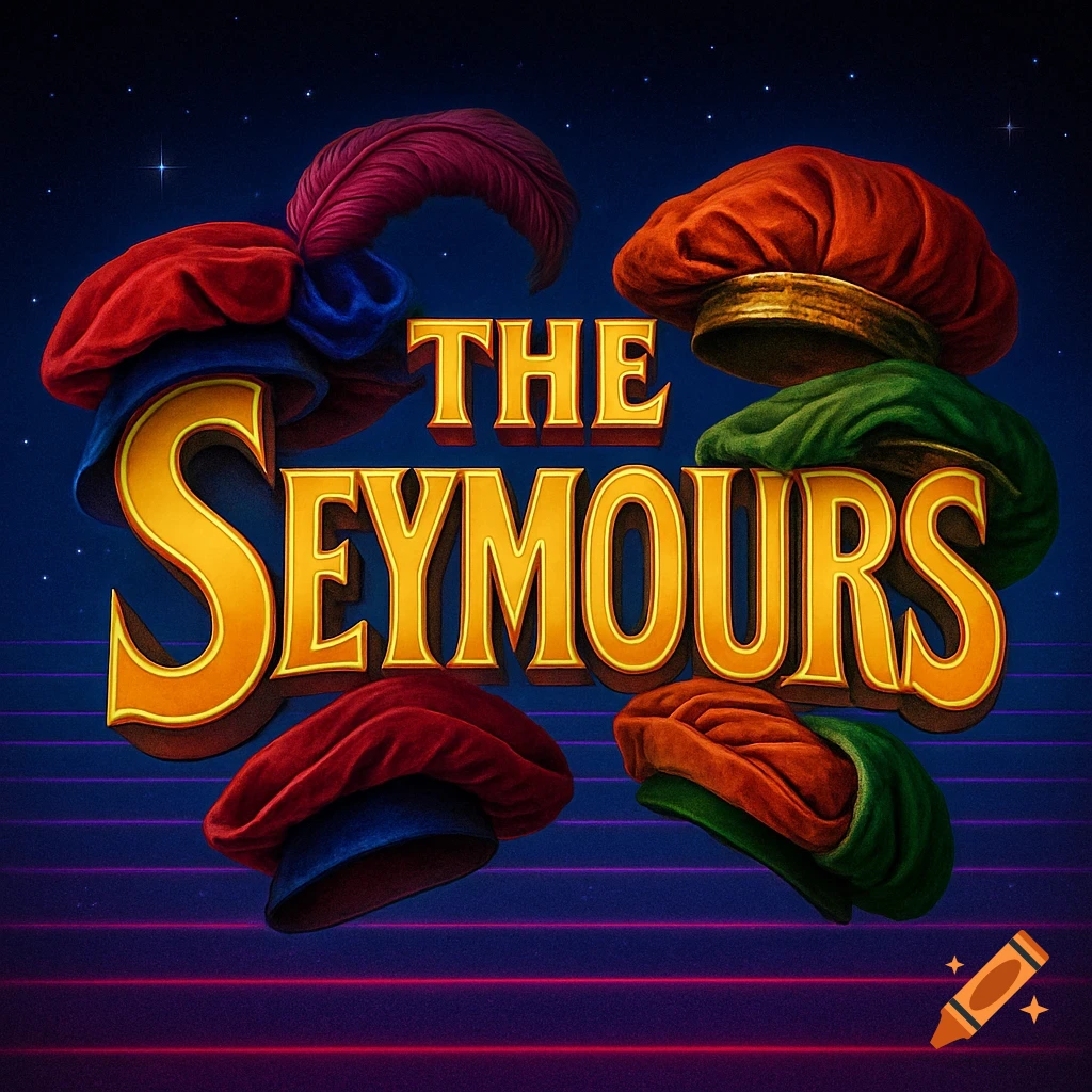 A 1980s style golden logo for "THE SEYMOURS" featuring colorful Renaissance-era hats around the text on a dark, starry, retro background.