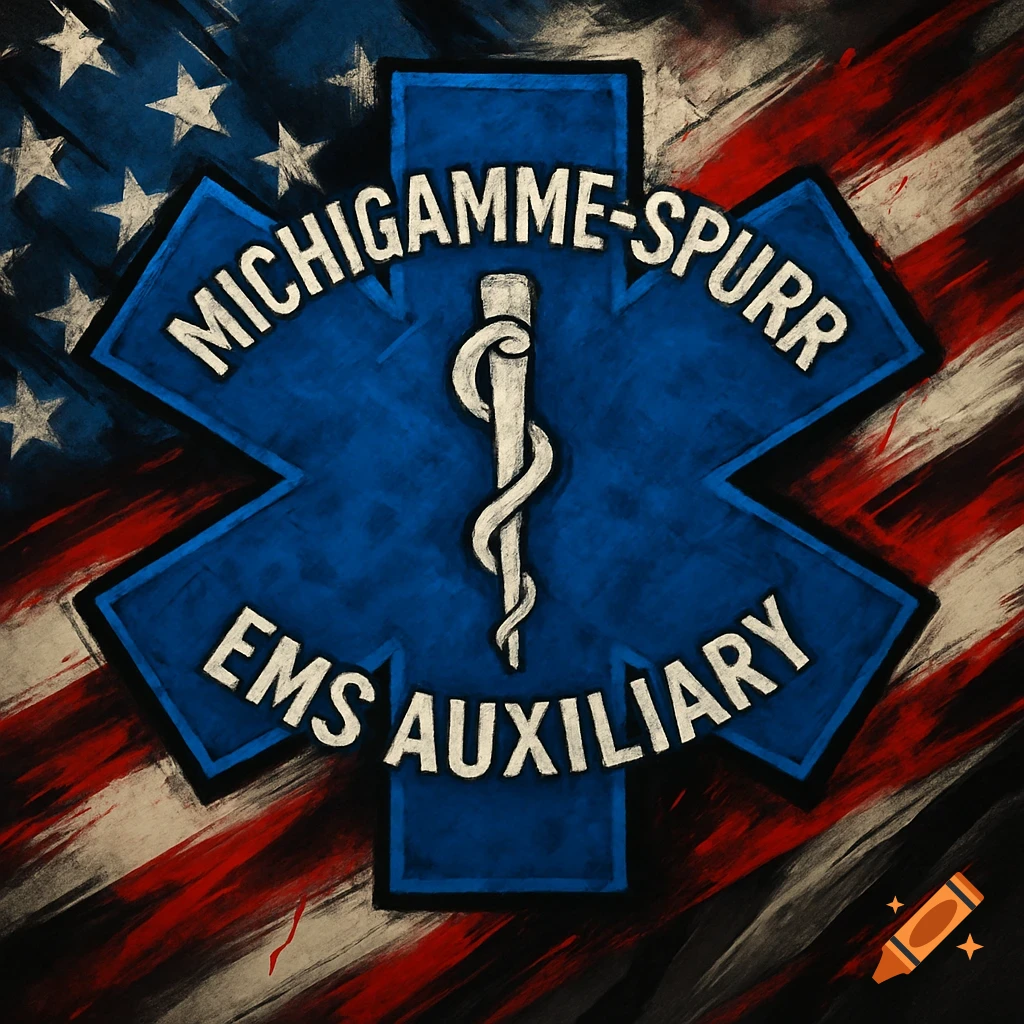 A blue Star of Life logo with 'MICHIGAMME-SPURR EMS AUXILIARY' text against a distressed American flag, in a chalky, edgy style.