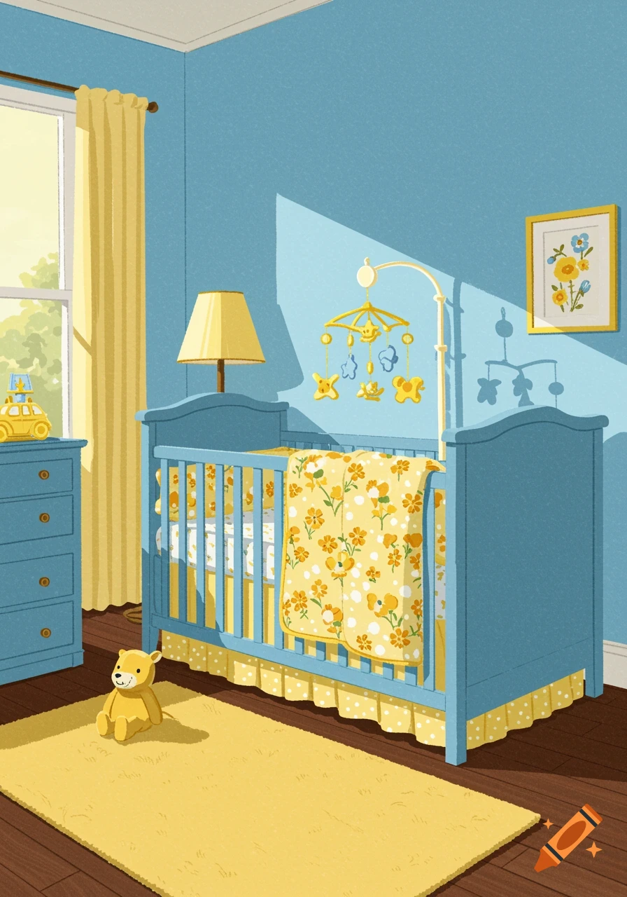 A brightly lit baby nursery with blue walls, a yellow crib, dresser, rug, and a teddy bear.
