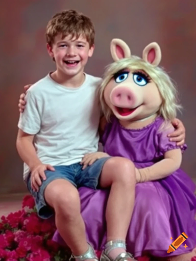 A smiling young boy in a white t-shirt and blue shorts sits on Miss Piggy's lap, who wears a purple dress, against a brown backdrop with flowers.