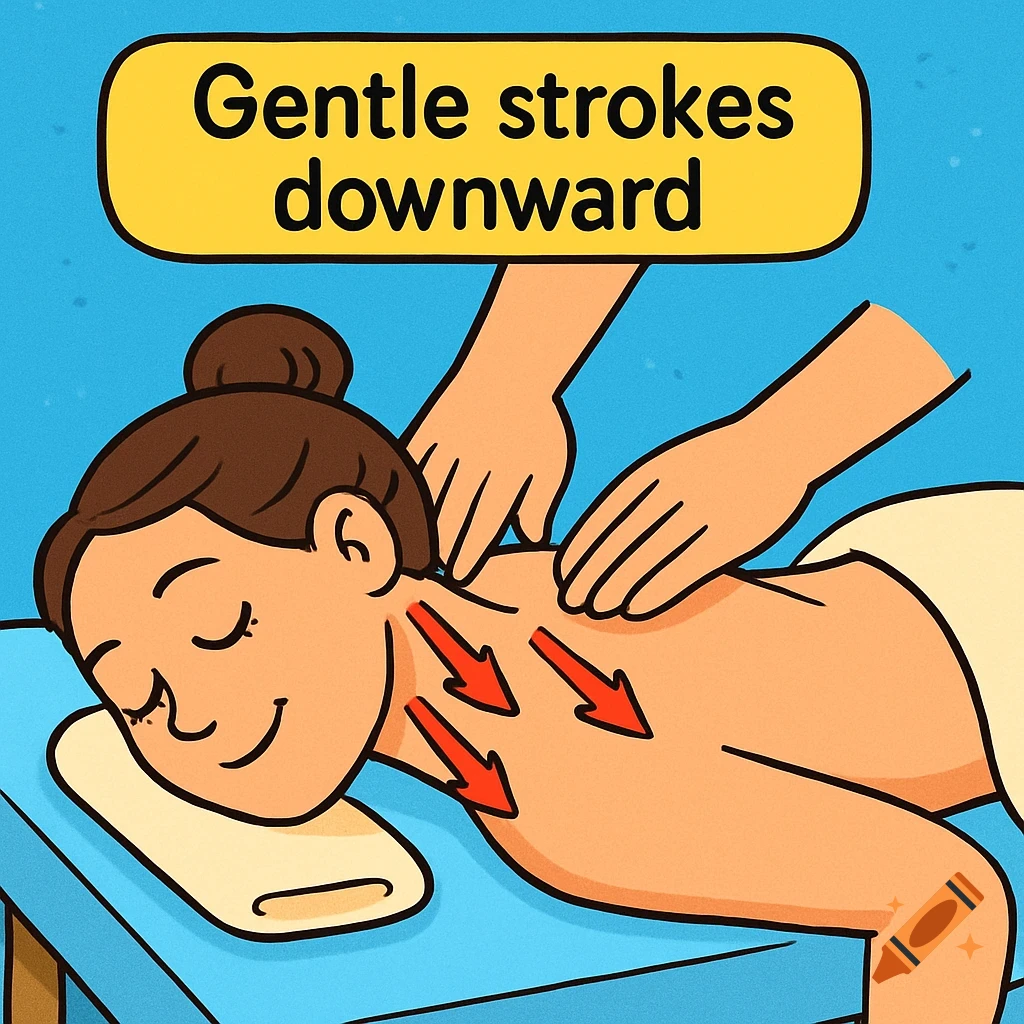 Cartoon illustration of a woman receiving a back massage with arrows showing gentle downward strokes and a label 'Gentle strokes downward'.