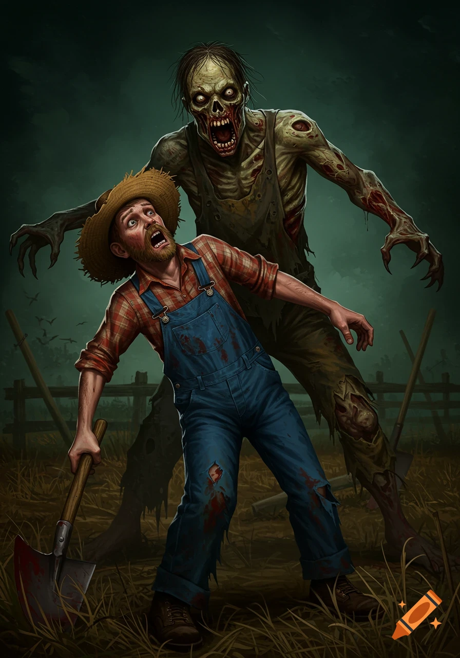A terrified farmer in overalls and straw hat is attacked by a grotesque zombie in a field at night, in a horror art style.