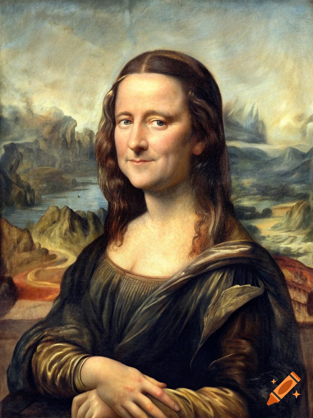 A painted portrait in the style of the Mona Lisa, featuring a male face with a slight smile against a landscape.