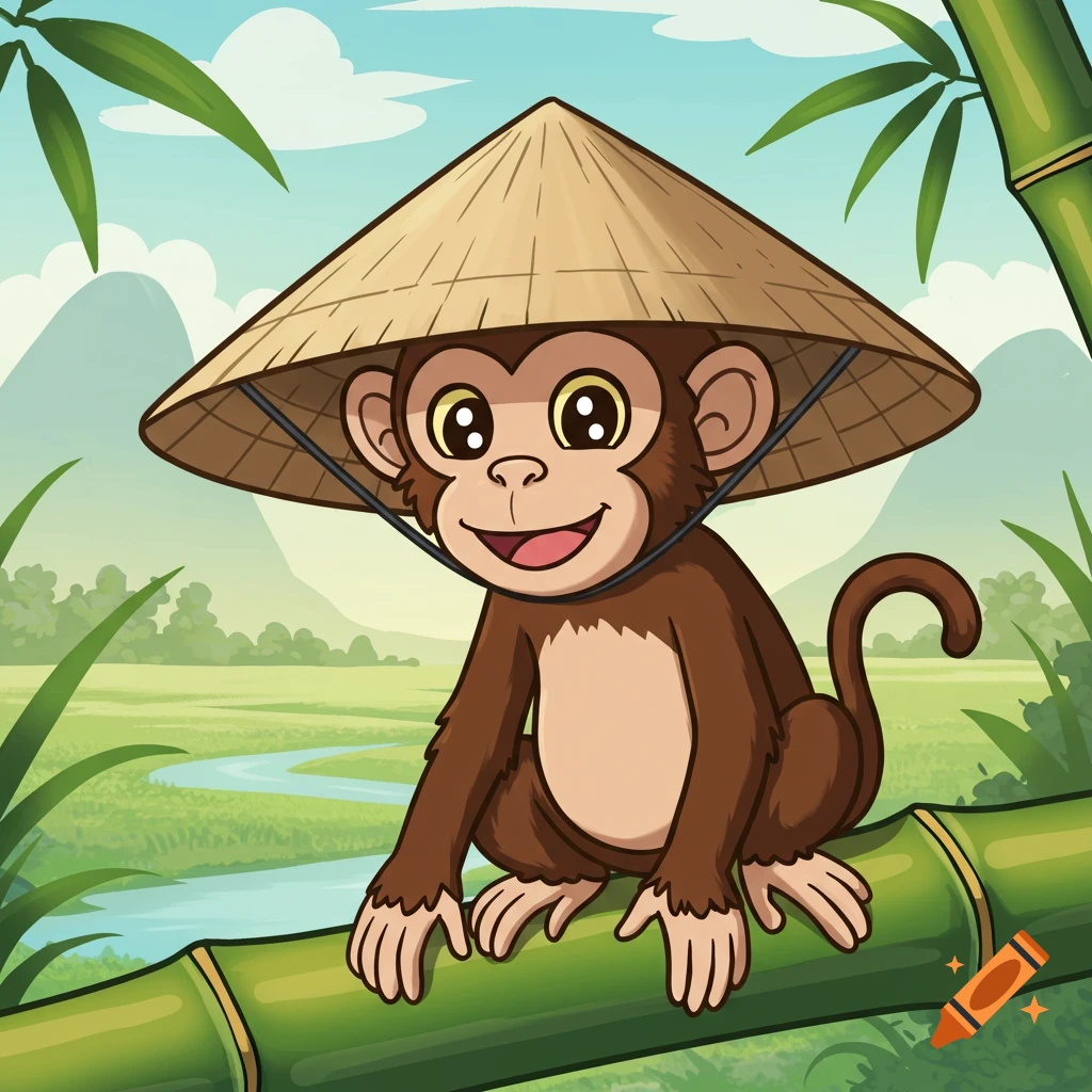 Cartoon monkey wearing a conical straw hat, sitting on a bamboo branch in a rice field with mountains in the background.