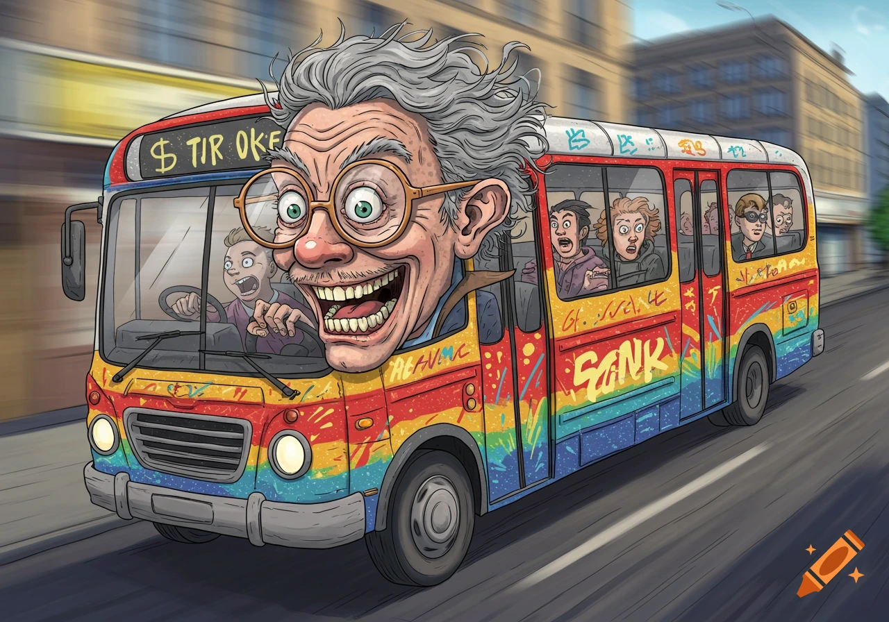 A cartoon illustration of an unhinged grey-haired man with glasses, his oversized head bursting from a rainbow bus with scared passengers.