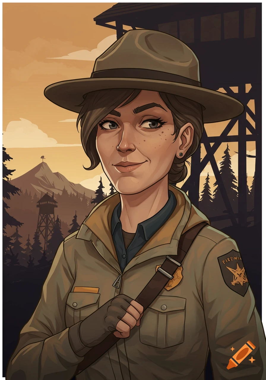A stylized portrait of a smiling woman in a ranger hat and uniform, with a forest lookout tower and mountains at sunset.