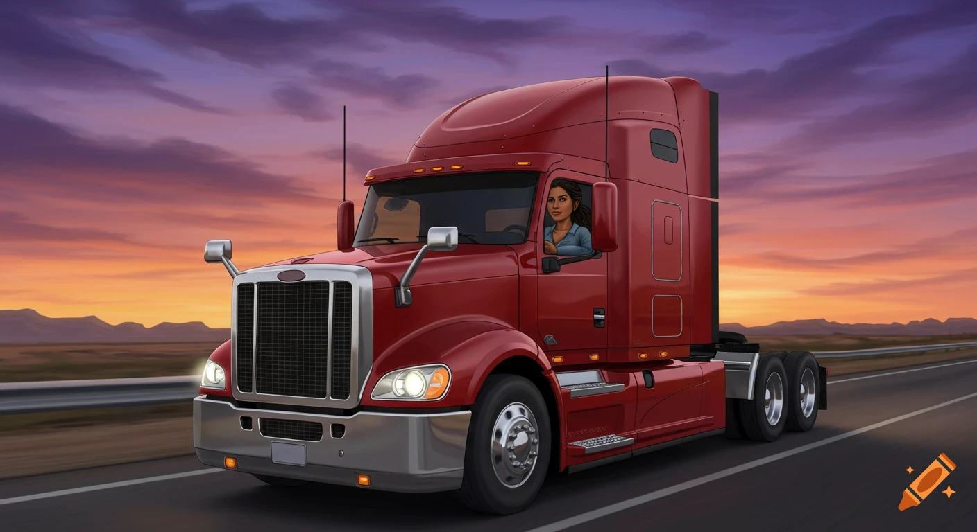 A woman drives a red semi-truck on a highway at sunset, with mountains in the background.