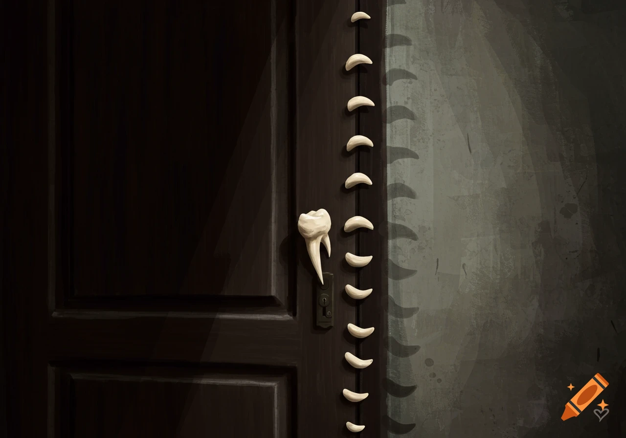 A dark wooden door with a human molar on the doorknob and a vertical line of smaller teeth arranged below it, casting shadows on the dark grey wall.
