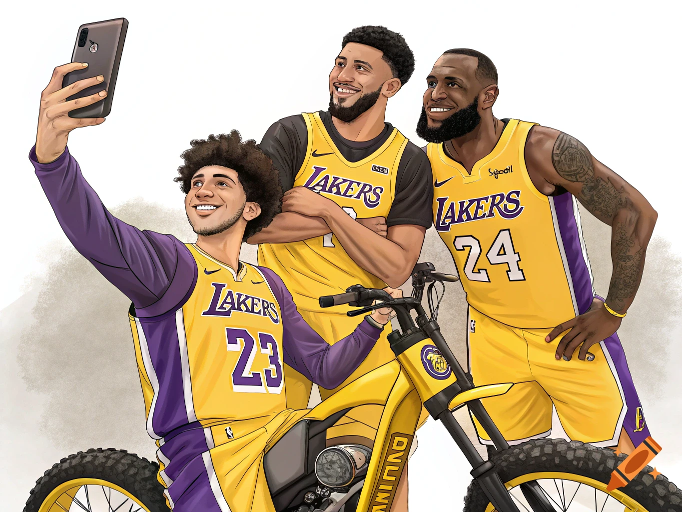 Three male basketball players in Lakers jerseys take a selfie with a yellow and purple electric bike, in a cartoon illustration style.