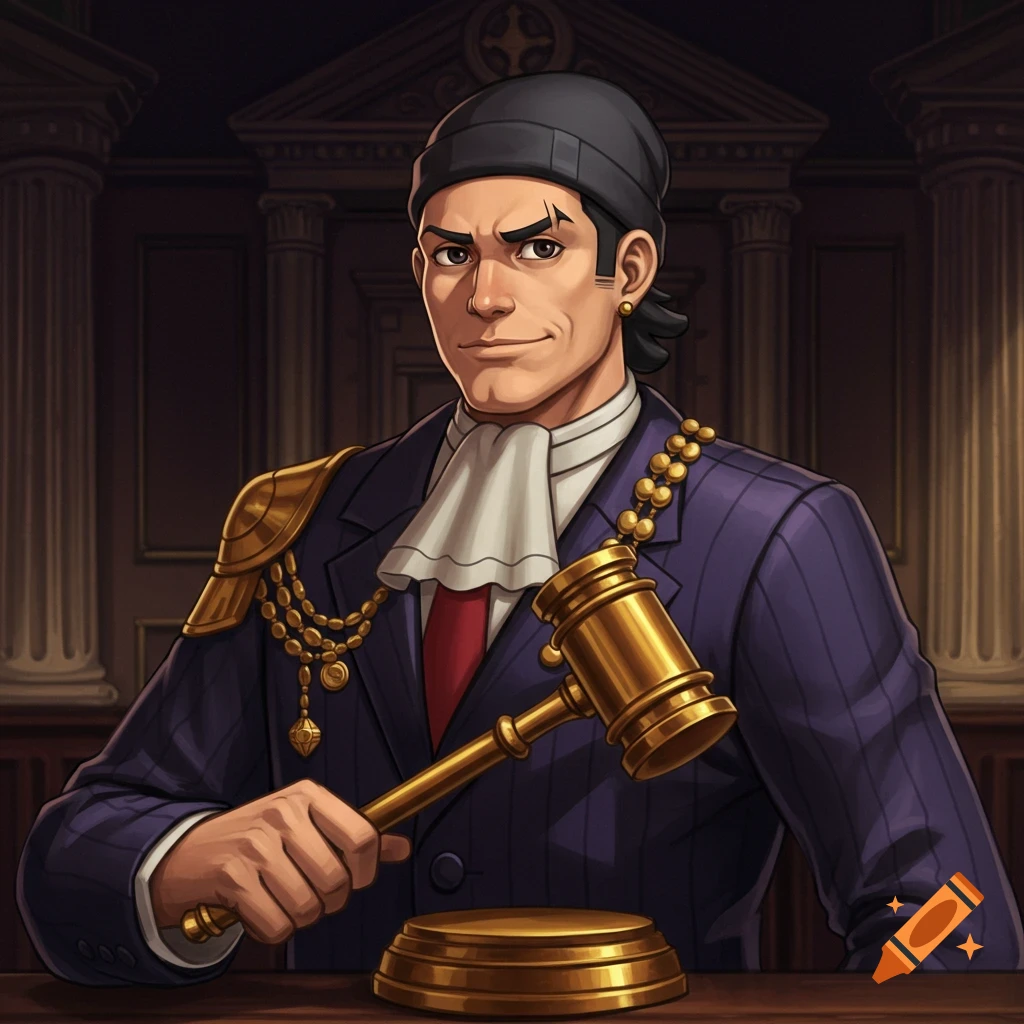 A cartoon man in a black beanie, blue pinstripe suit, and white cravat, holding a golden gavel in a courtroom setting.