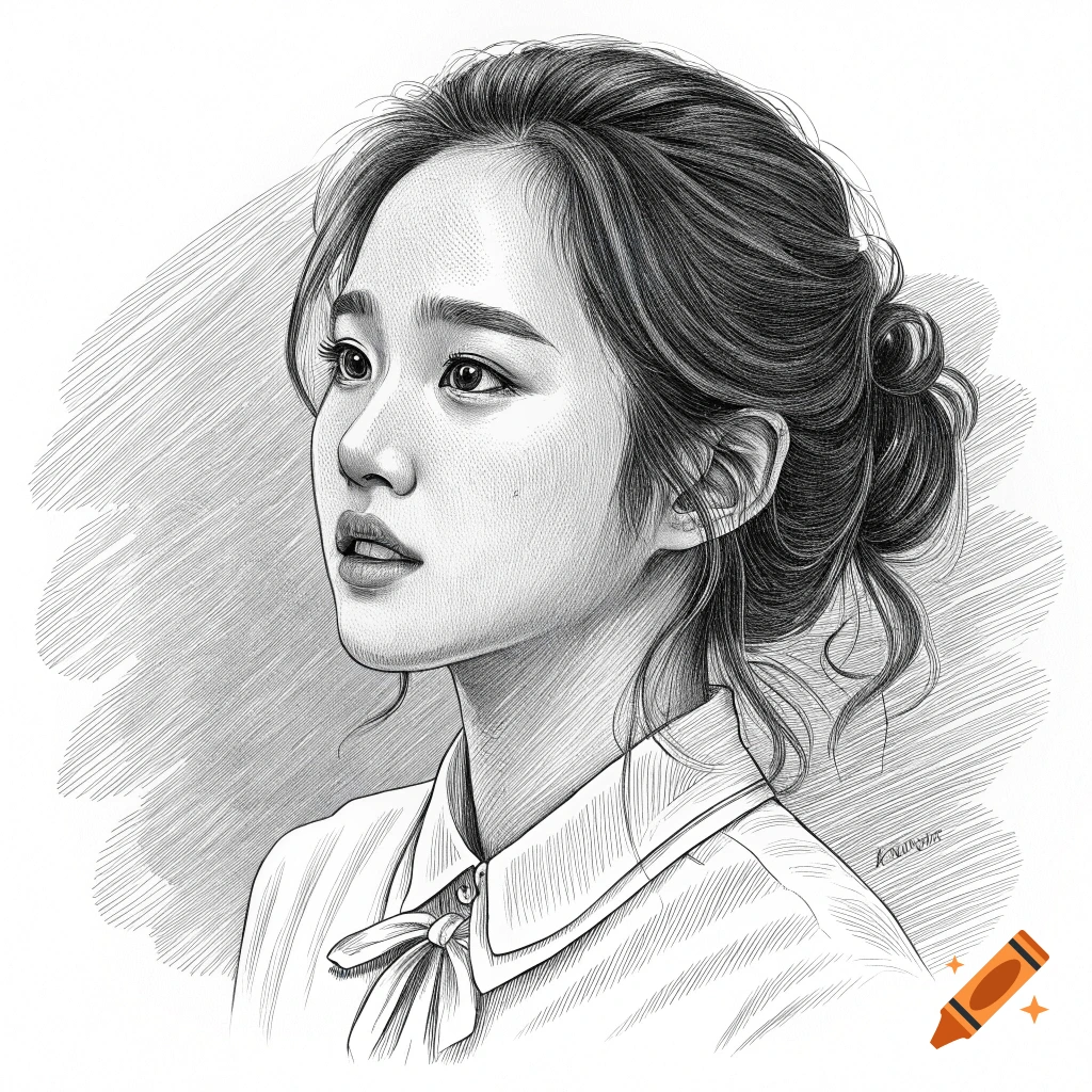 Black and white sketch portrait of a young woman with hair tied back, looking thoughtfully upwards.