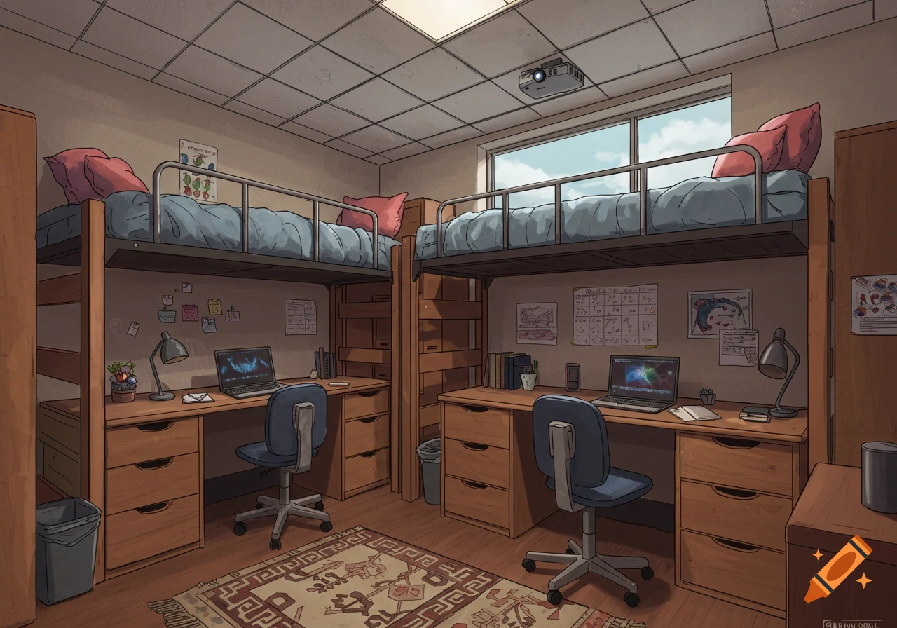 An illustrated college dorm room with two lofted beds, desks with laptops, and a projector.