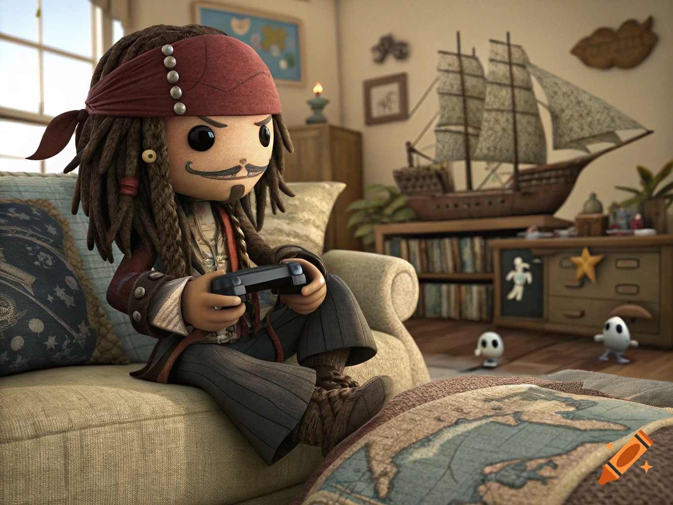 A cute, stylized pirate character with dreadlocks and a red bandana plays a video game on a couch in a cozy room.