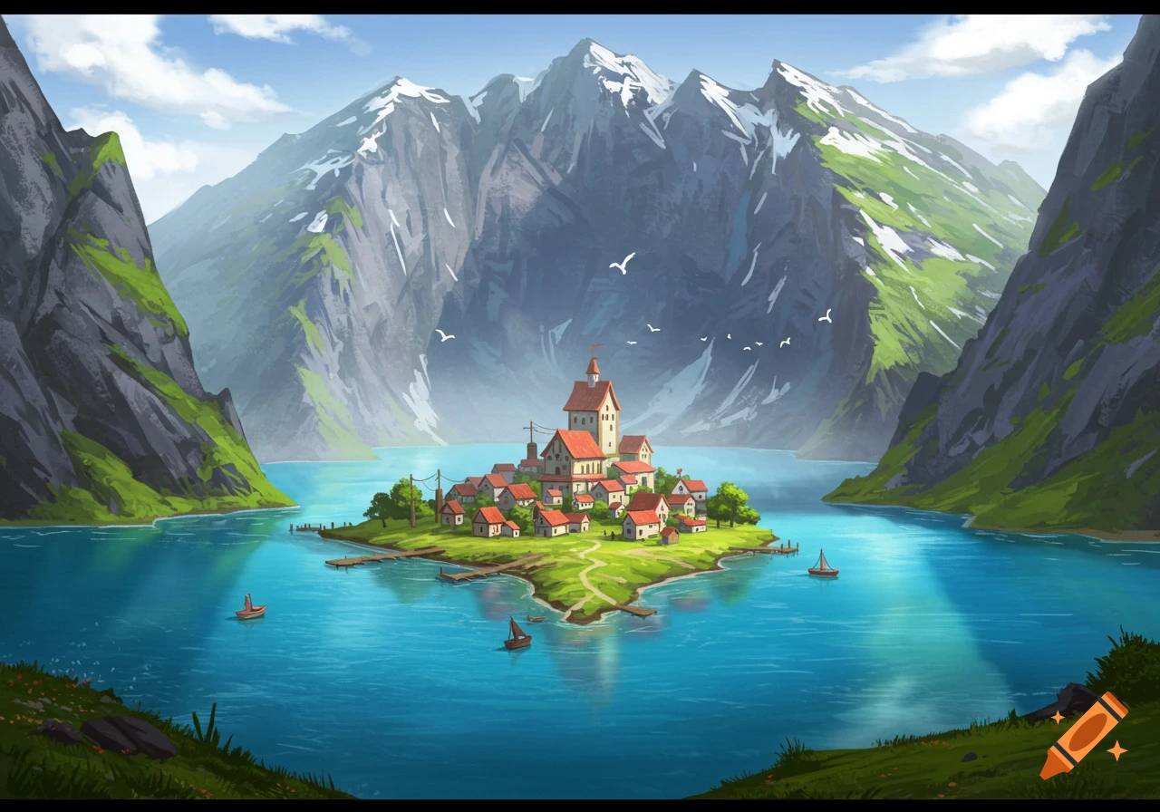Illustrative landscape of a village on an island in a blue lake, surrounded by towering snow-capped mountains under a clear sky.
