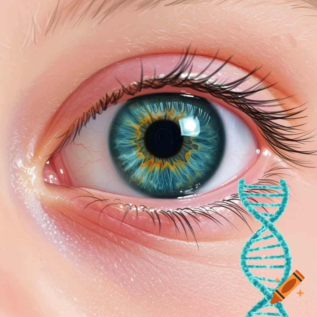A detailed close-up illustration of a human eye with a vibrant blue iris, next to a teal double helix DNA strand.