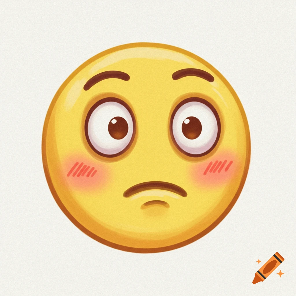 A yellow emoji face with wide, surprised eyes, furrowed eyebrows, and red blush, looking confused and slightly shy.