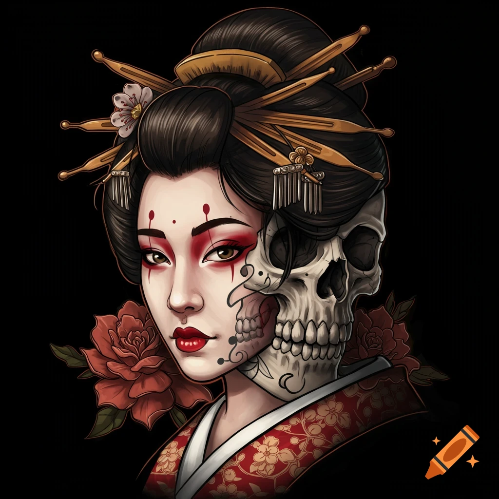 A stylized portrait of a geisha with the right half of her face as a skull, adorned with roses and traditional hair ornaments.