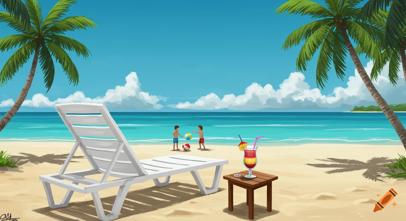 Cartoon illustration of a tropical beach with a lounge chair, palm trees, and two kids playing with a beach ball by the ocean.