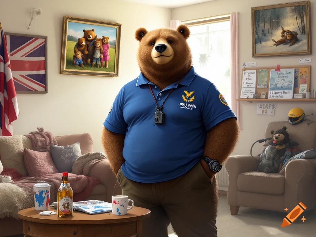 A friendly anthropomorphic bear wearing a blue polo shirt stands in a cozy living room with a couch, coffee table, and framed pictures.