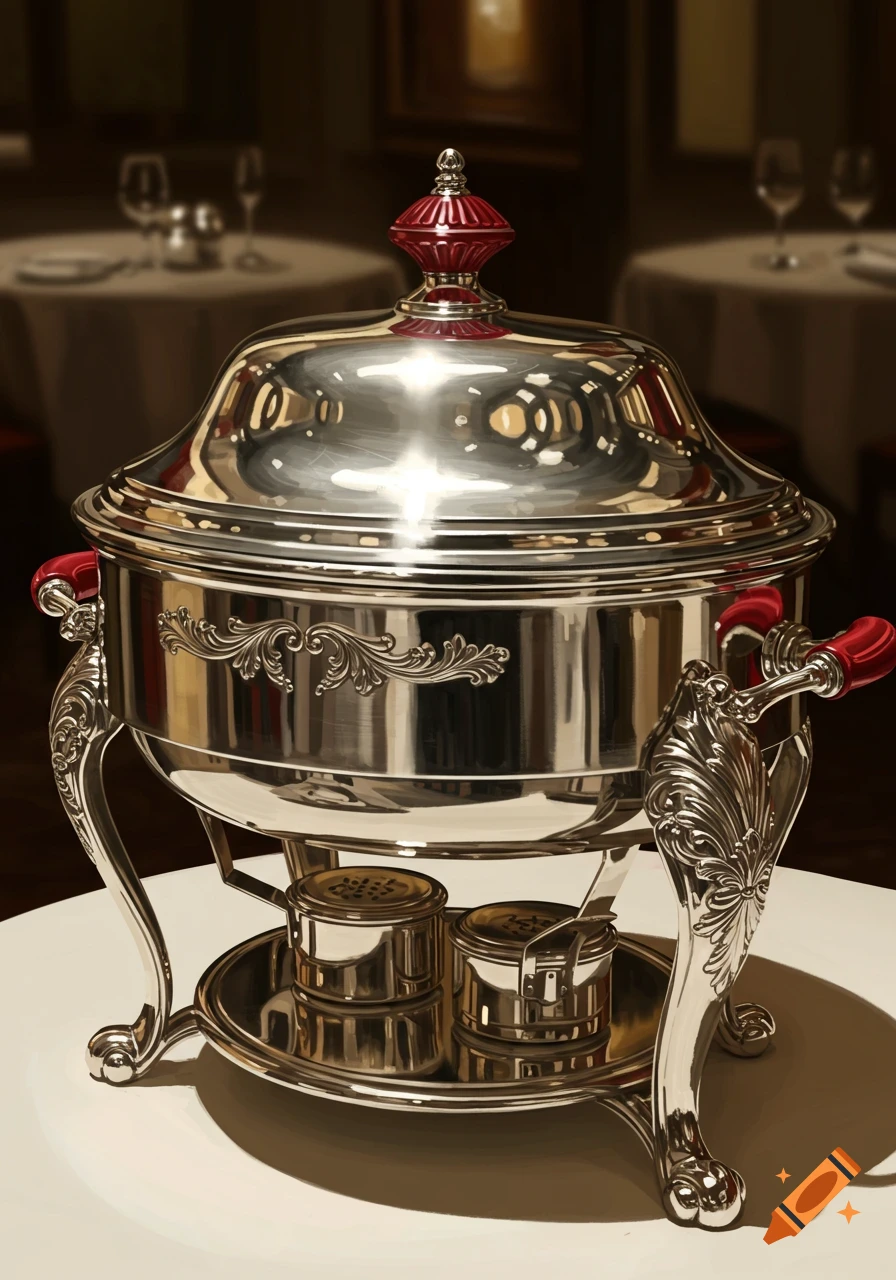 A silver and red chafer dish set, highly polished and ornate, sits on a white tablecloth in a softly lit dining room.