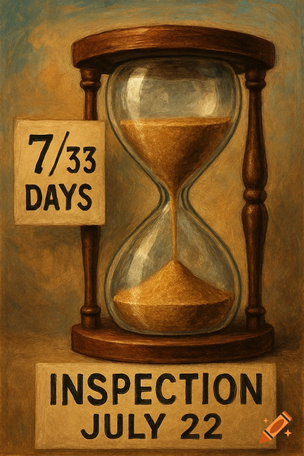 An oil painting of a sand timer with sand flowing. A sign on the left reads '7/33 DAYS', and a sign below reads 'INSPECTION JULY 22'.