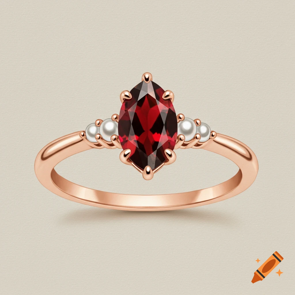 A close-up of a rose gold ring featuring a large, marquise-cut red garnet as the center stone, flanked by three small white pearls on each side.
