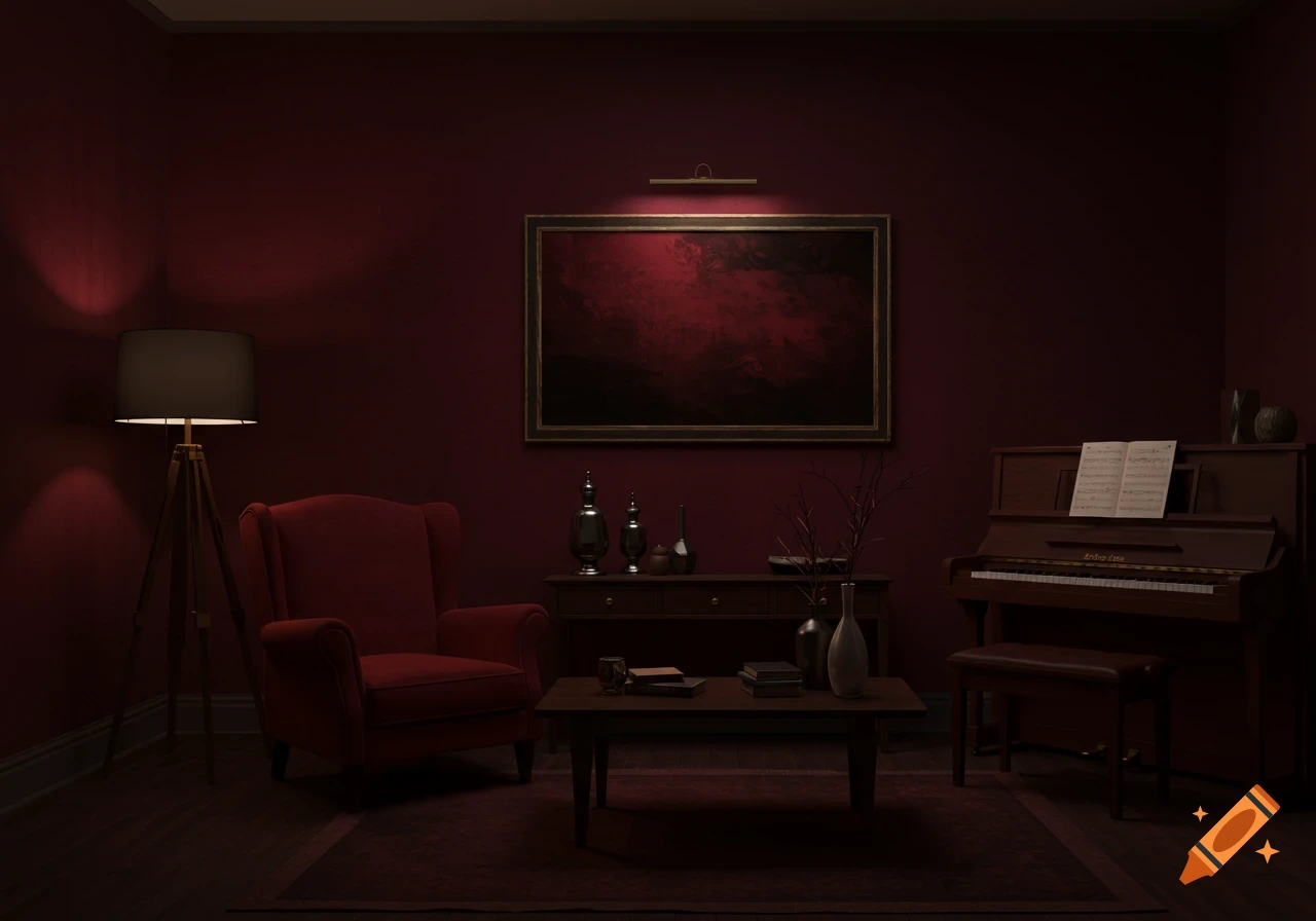 A dark red living room with a red armchair, a brown piano with sheet music, a lamp, and a coffee table.