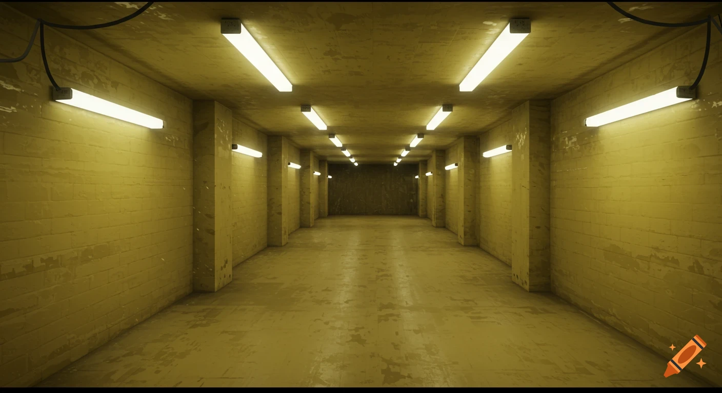 A long, empty, yellowish concrete hallway lit by fluorescent lights, characteristic of a liminal space.