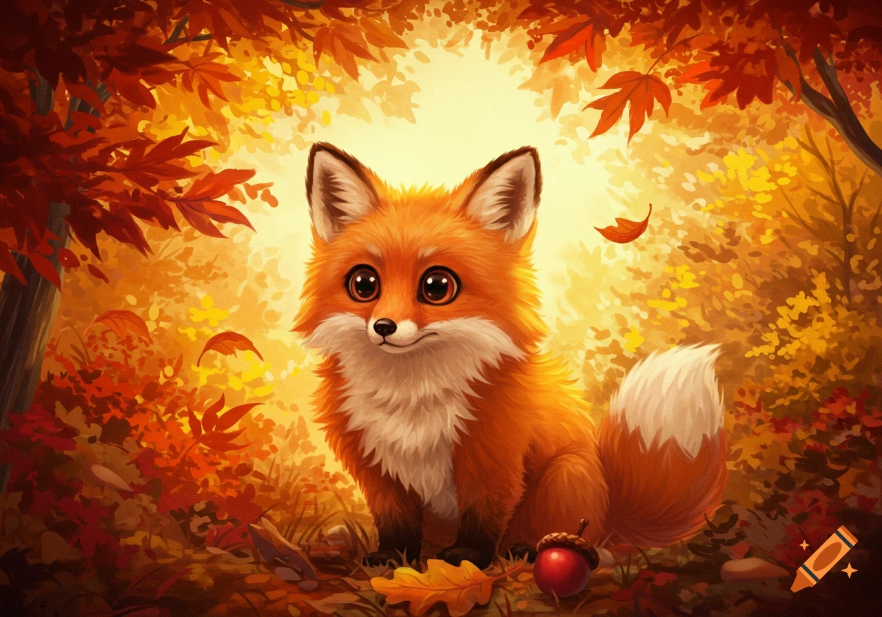 A cute, fluffy fox with large eyes sits among colorful autumn leaves in a forest with an acorn nearby.
