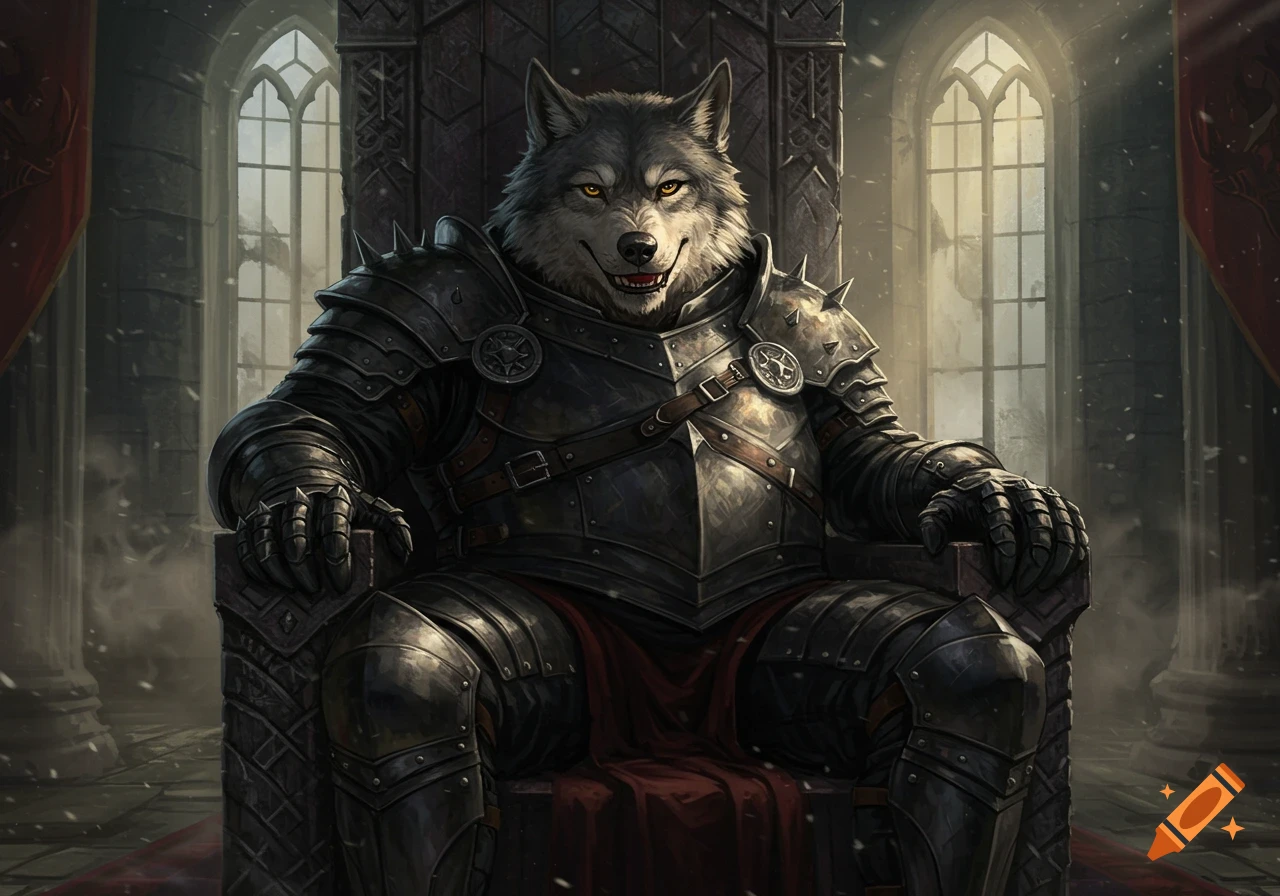An anthropomorphic wolf in dark medieval armor sits on an ornate throne in a dilapidated castle, looking cunning.