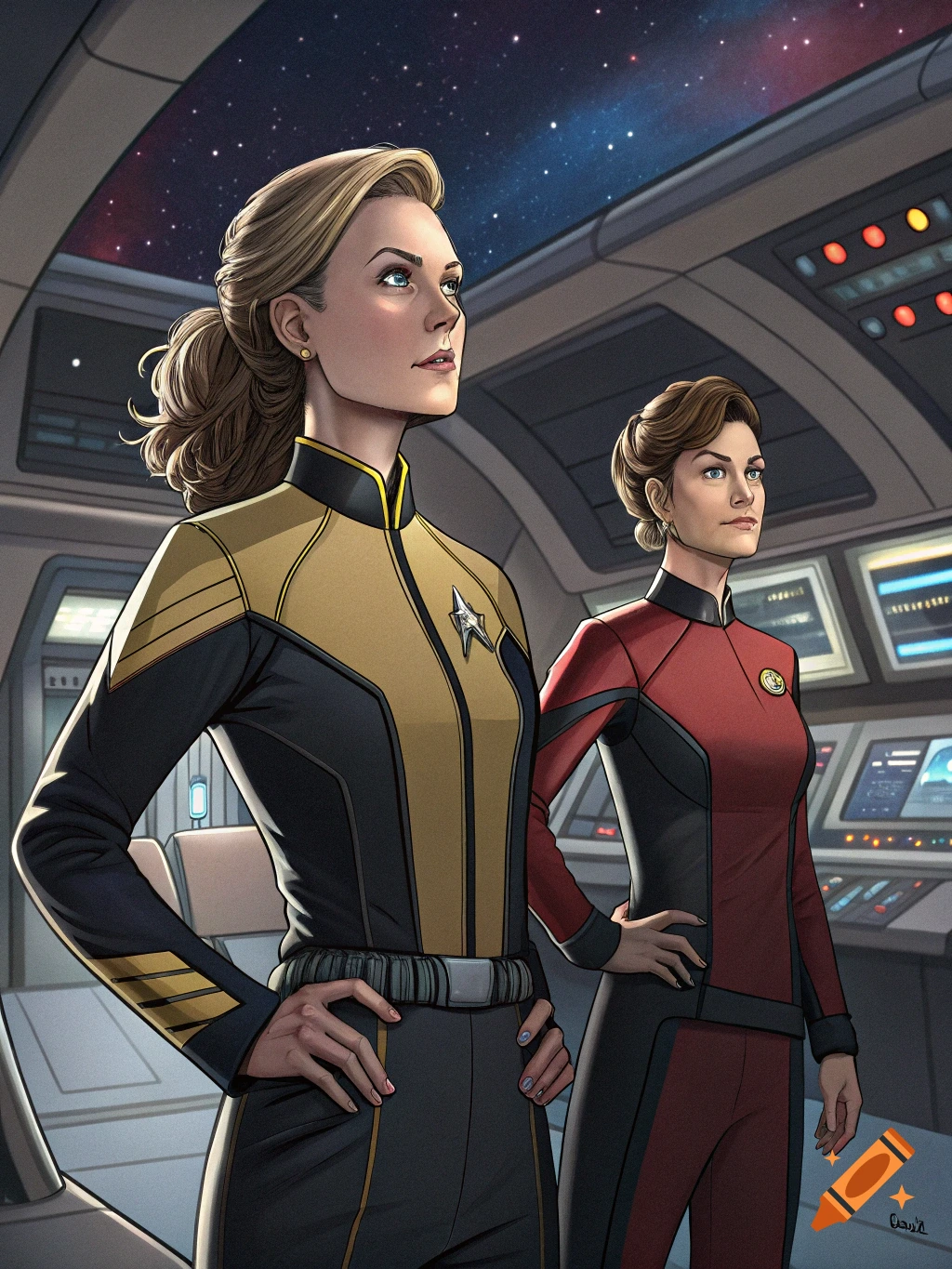 Two women in futuristic gold and red uniforms stand on a spaceship bridge, looking up and to the right. The woman in gold is in the foreground.