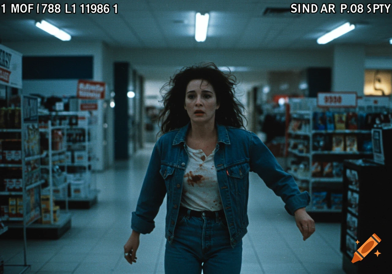 A frightened woman with messy hair and a bloody shirt walks through a dimly lit supermarket aisle.
