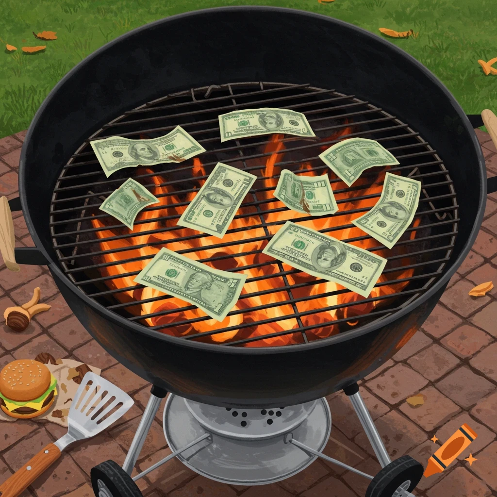 Illustrative image of dollar bills burning on an outdoor charcoal grill.