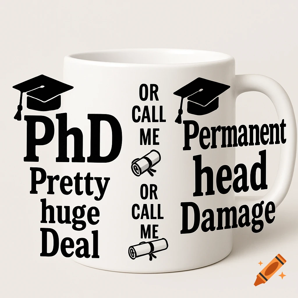 A white mug with black text and illustrations. It reads "PhD Pretty huge Deal" on the left, "OR CALL ME" vertically twice in the middle, and "Permanent head Damage" on the right. Graduation caps and diplomas are also depicted.