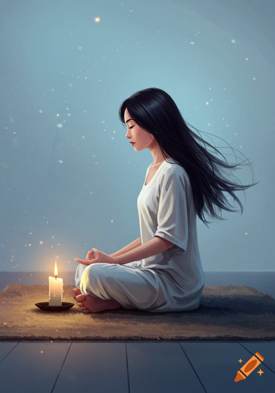 A digital illustration of a woman with long black hair meditating with closed eyes, sitting on a rug beside a lit candle.