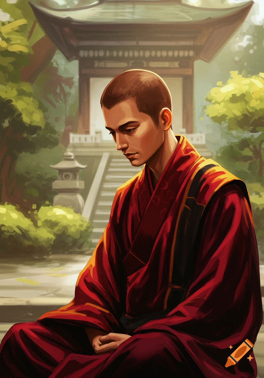 An illustration of a monk in a red robe with short hair, meditating in front of a temple building and lush greenery.