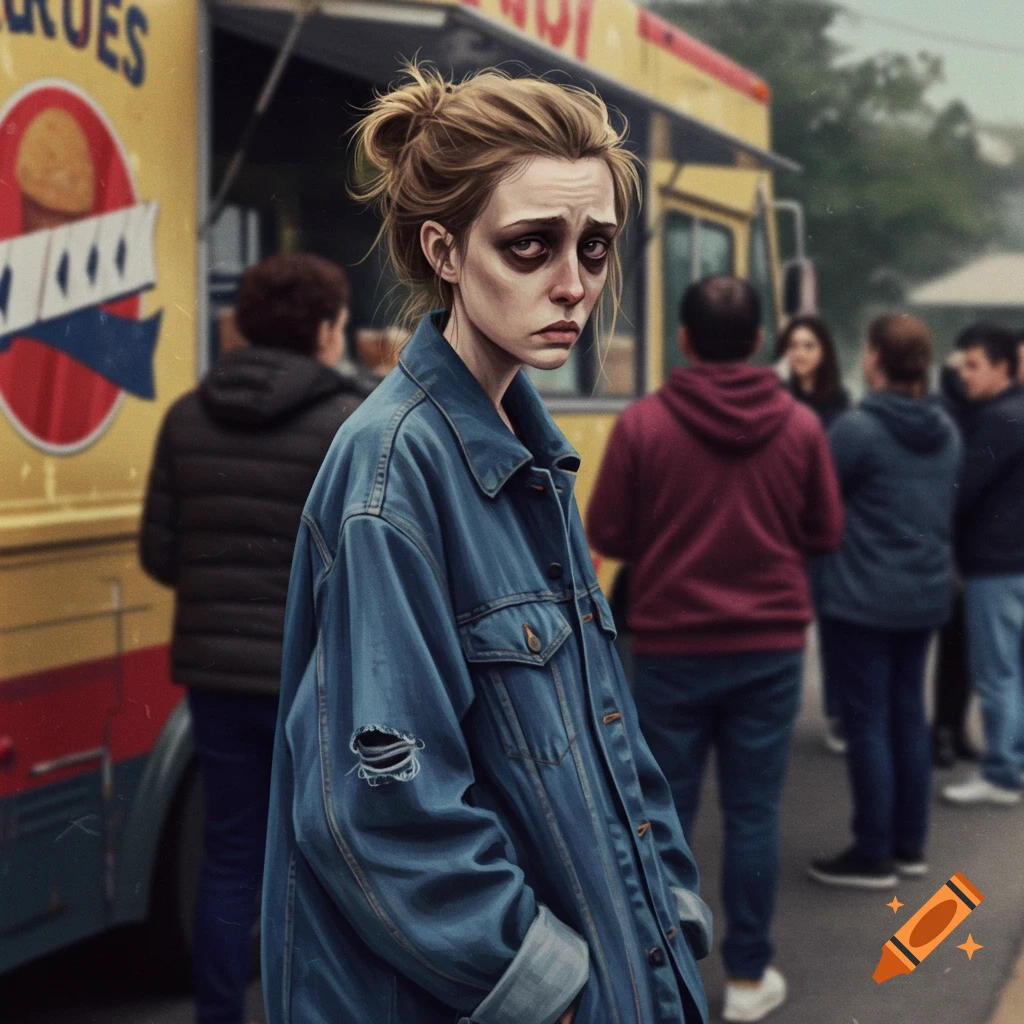 A sickly-looking woman with dark circles under her eyes stands in a ripped denim jacket in front of a yellow food truck with blurred people.