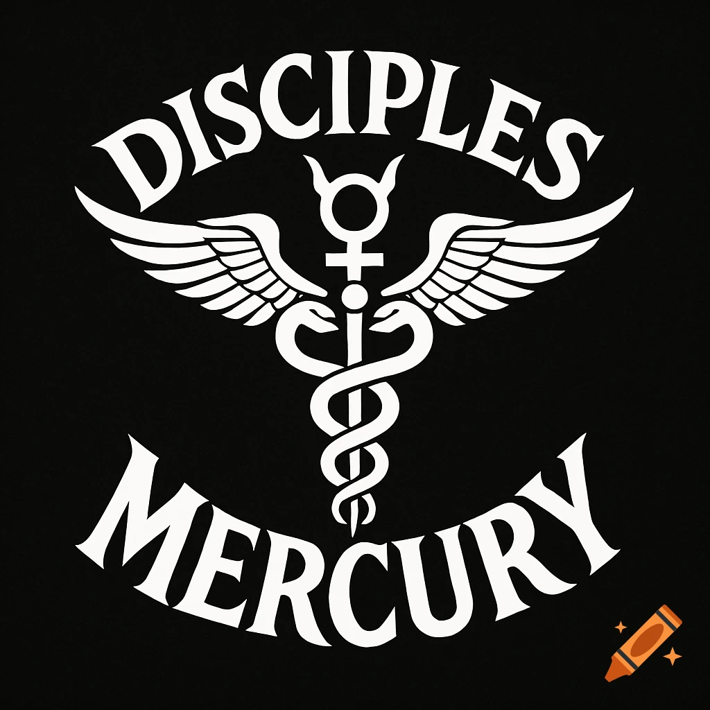 White text 'DISCIPLES' and 'MERCURY' with a winged caduceus-like symbol on a black background, band logo style.