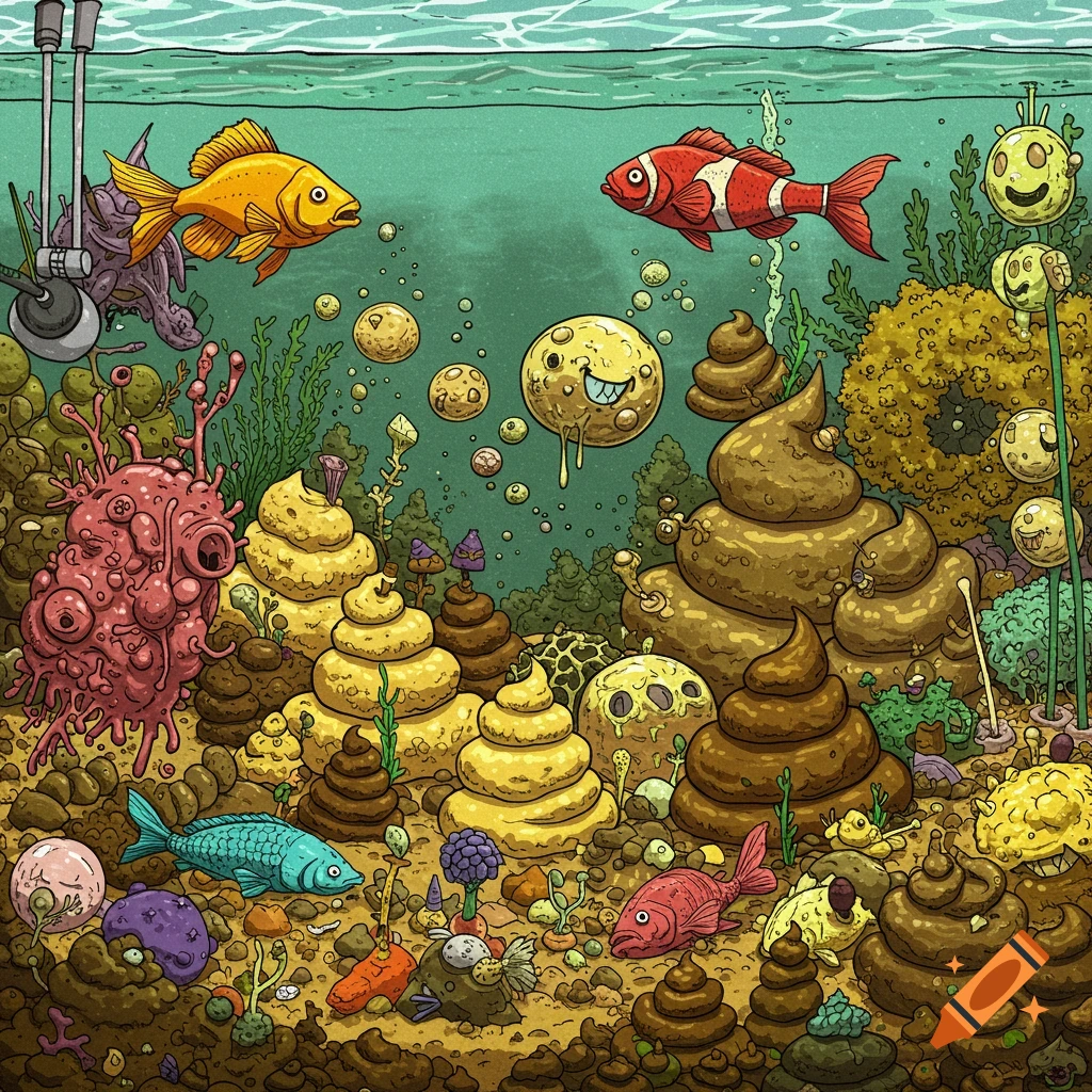 Detailed cartoon illustration of an absurd aquarium with fish, stylized poop mounds, and strange aquatic life.