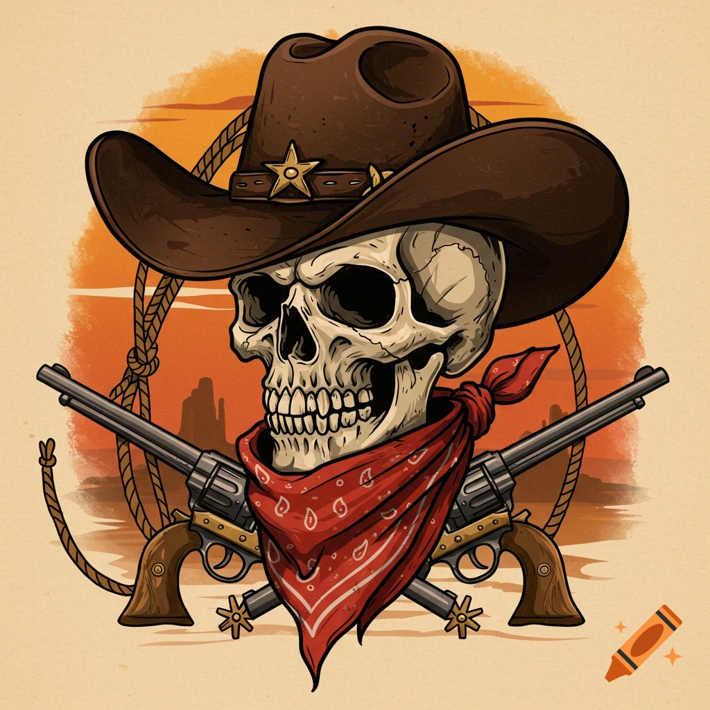 Stylized illustration of a cowboy skull wearing a hat and bandana, with two revolvers crossed behind it, against a desert sunset background.