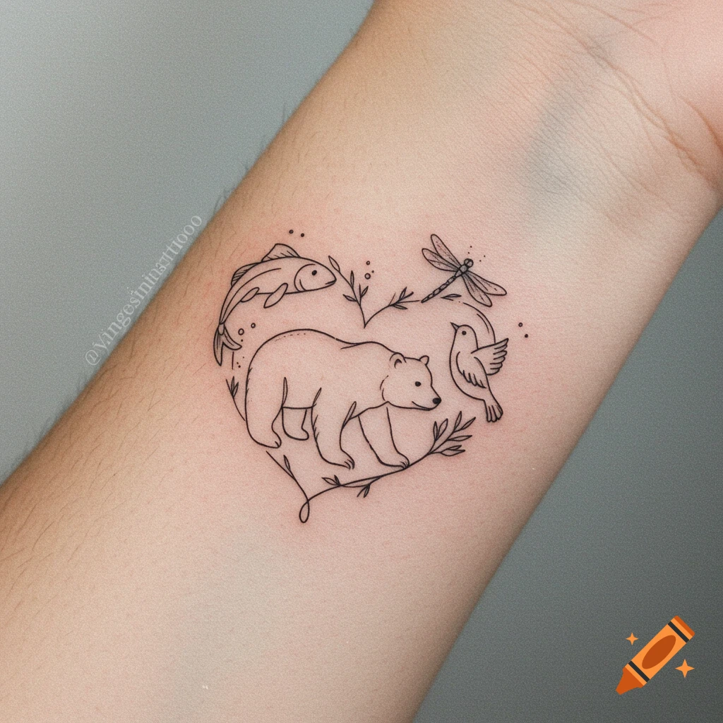 A simple line art tattoo on a person's arm featuring a bear, fish, bird, and dragonfly arranged to form a heart shape.