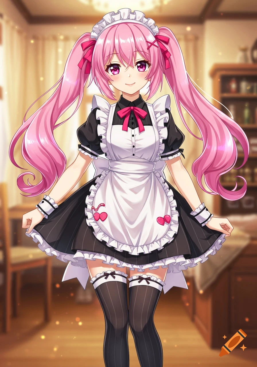 A cute anime girl with long pink pigtails and a maid outfit smiles while standing in a warm room.