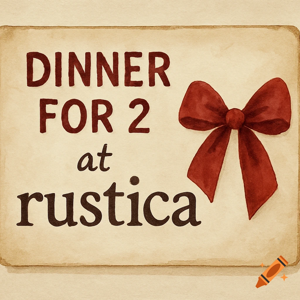 Watercolor style gift card for 'Dinner for 2 at Rustica' with a red bow.