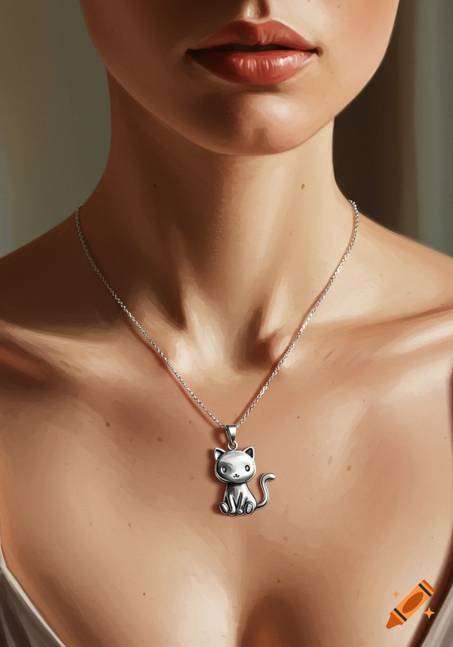 Close-up of a woman's chest and neck with a silver chain necklace and a cute cat pendant.