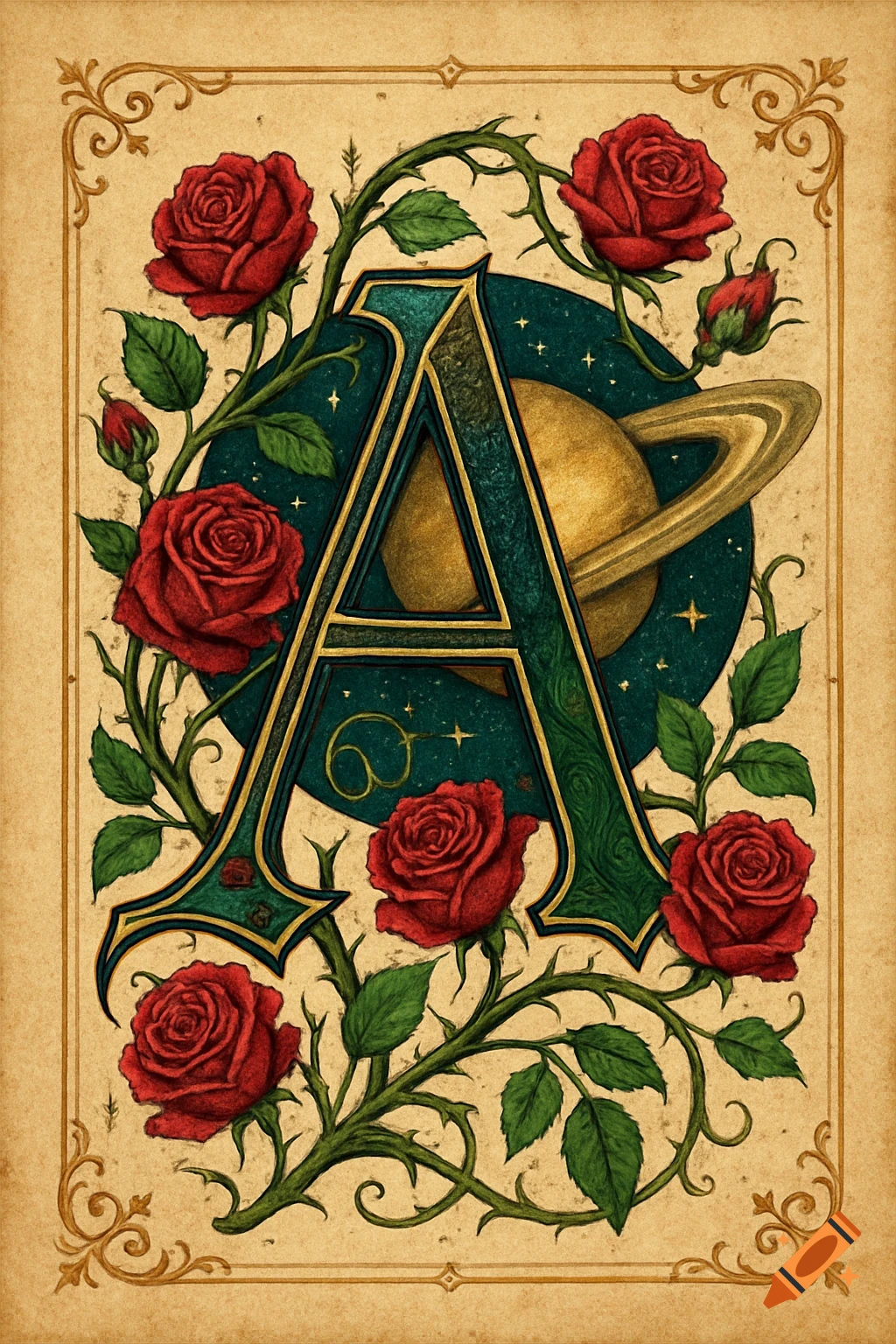 An ornate, illuminated capital letter A with red roses, green vines, and Saturn with rings on aged parchment.