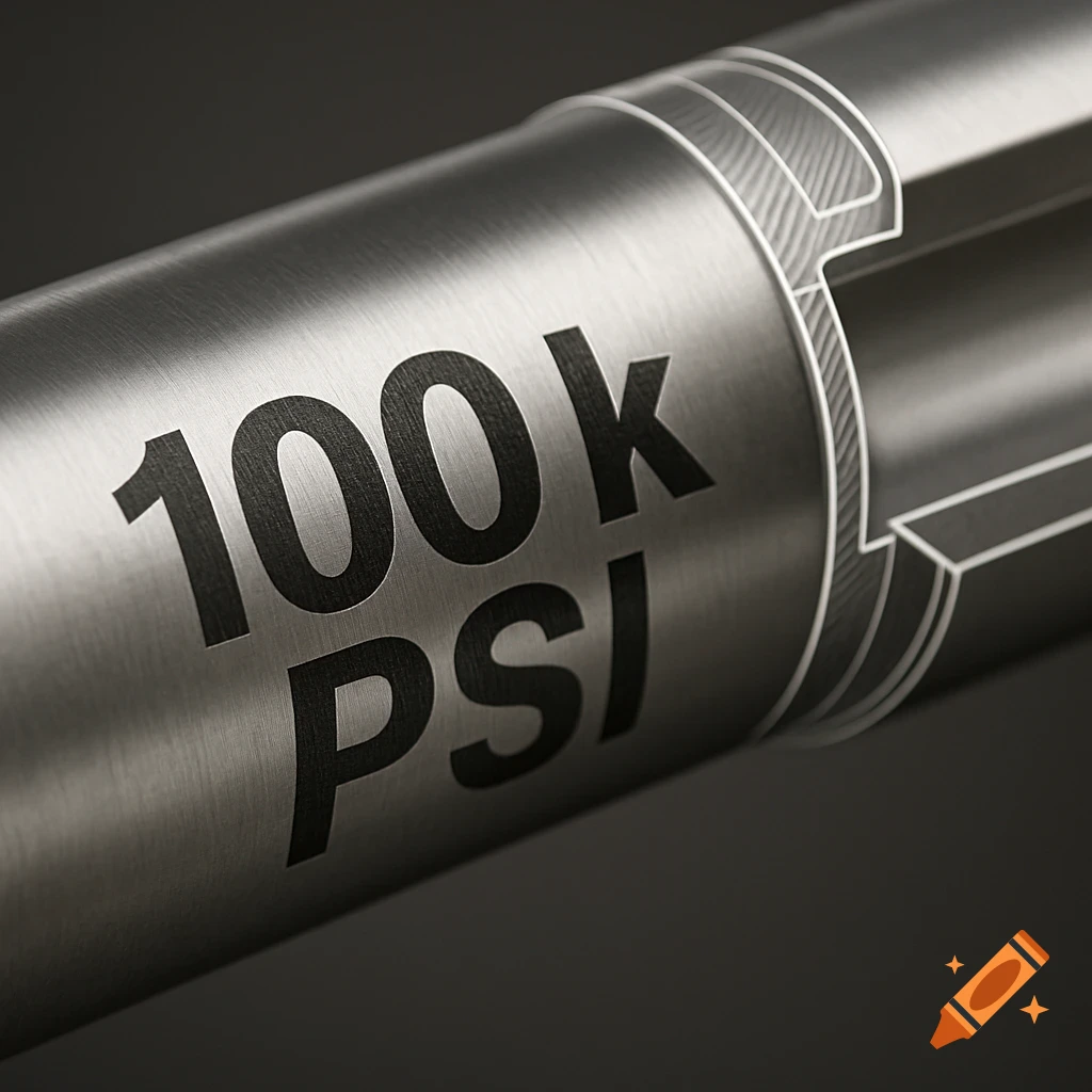 High-definition close-up of a brushed metal tube with '100k PSI' text and a schematic cutaway.