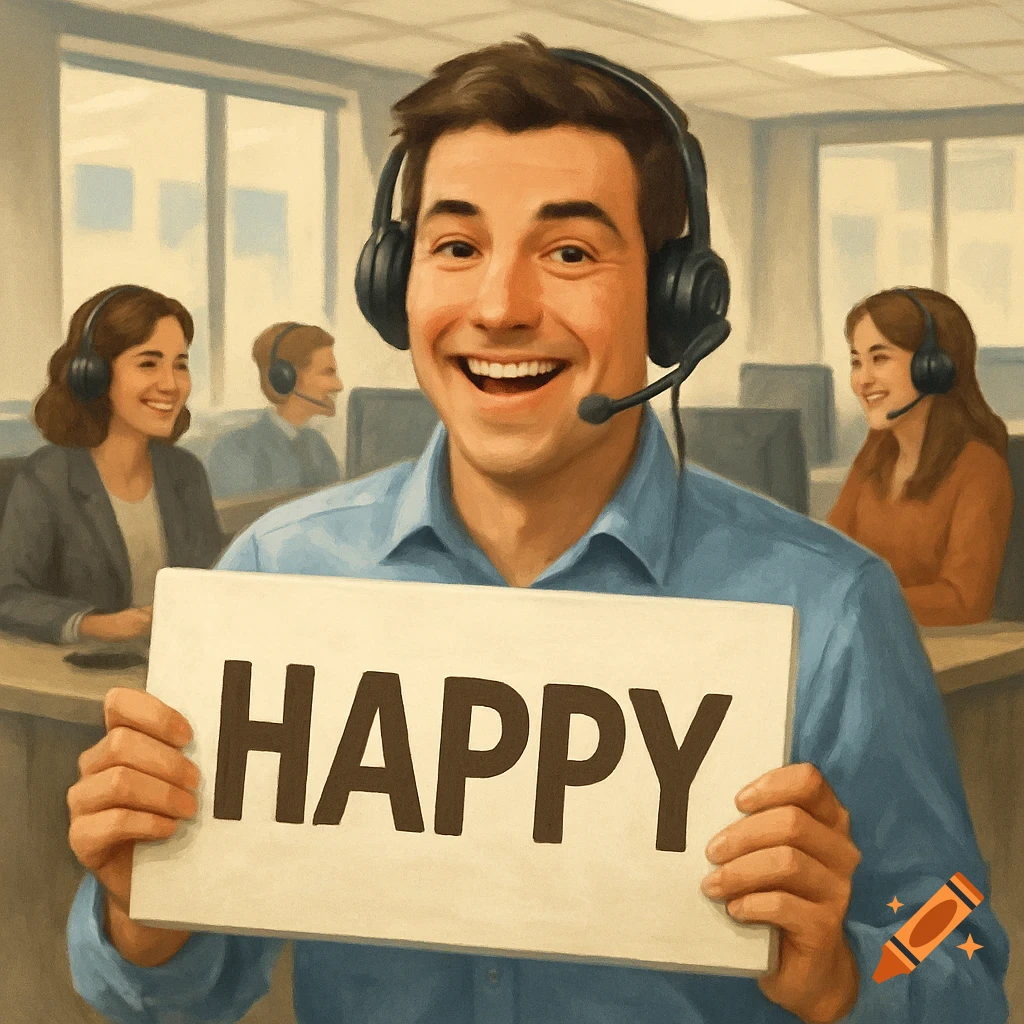 A smiling man in a headset holds a 'HAPPY' sign in a call center office with other agents.