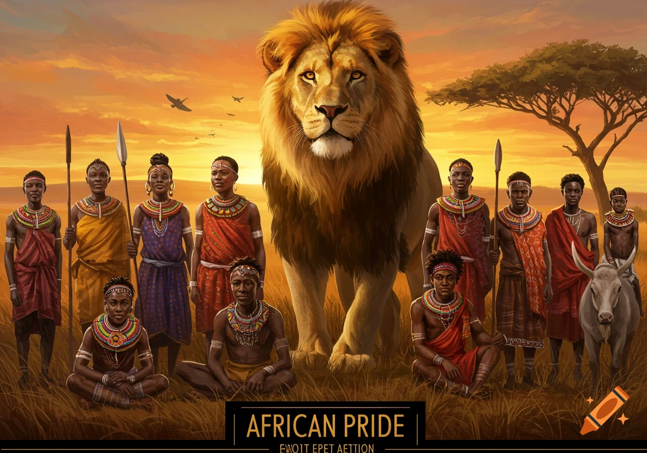 A group of Maasai-like people in traditional attire stand and sit with a large lion and a donkey on the savanna at sunset.